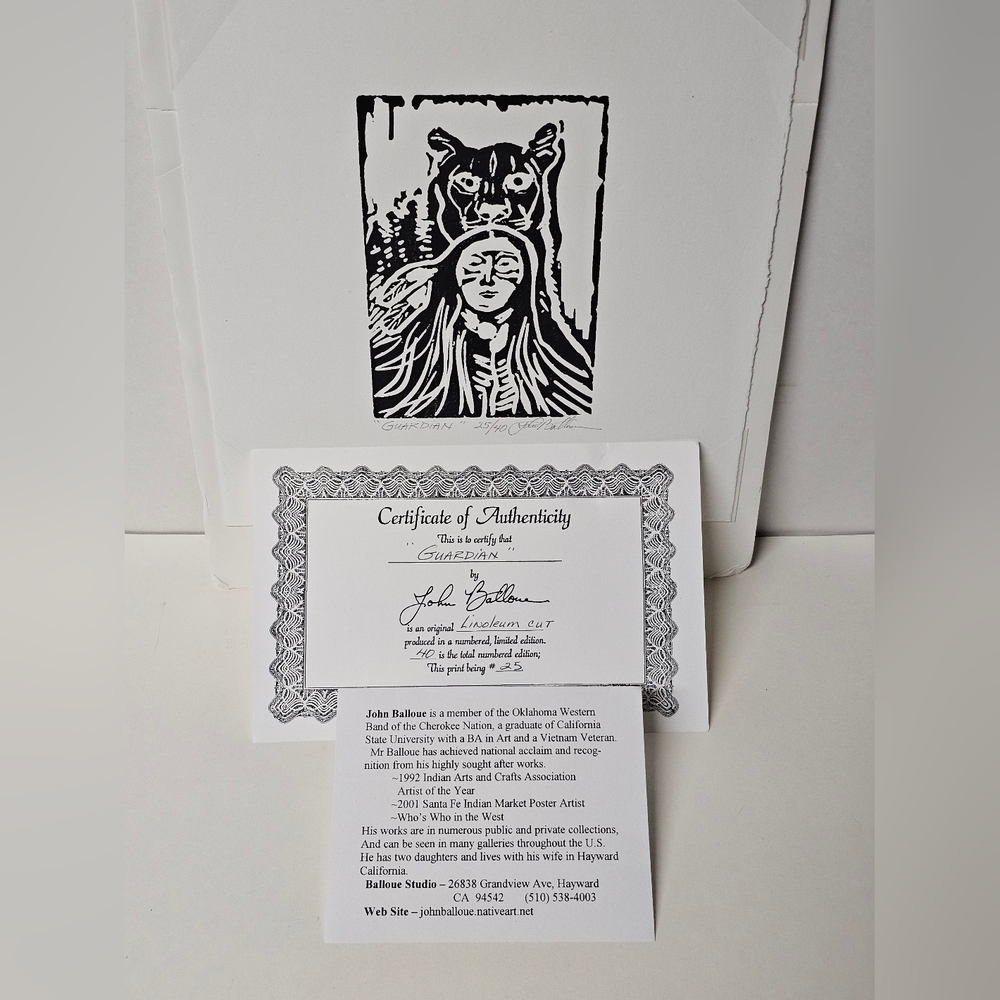 John Balloue Native American Artist Signed "Guardian" #25 of 40 w/ Cert. of Auth